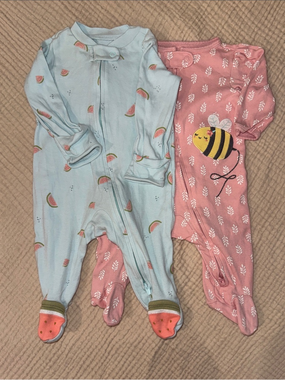 Carter's Light Blue Watermelon & Pink Bee One-Piece Sleepers